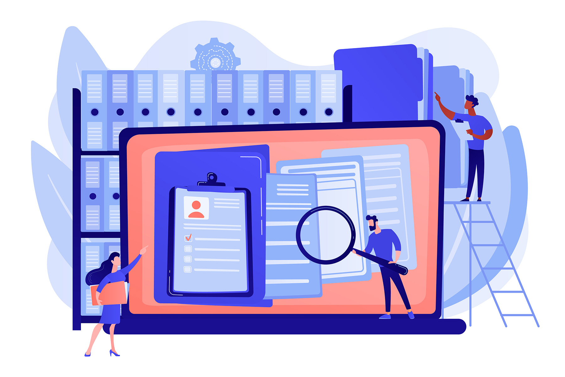 Organized archive. Searching files in database. Records management, records and information management, documents tracking system concept. Pink coral blue vector isolated illustration